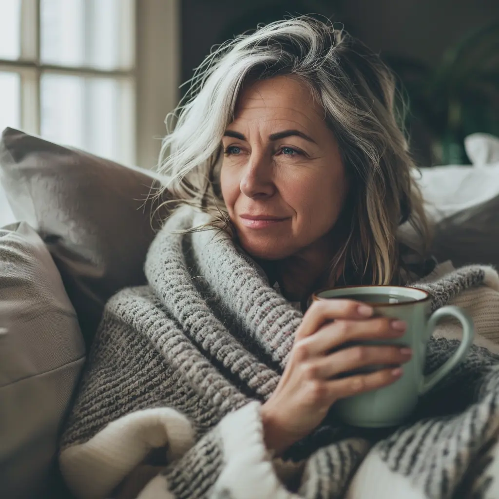 woman sick with sore throat and diarrhea sipping tea